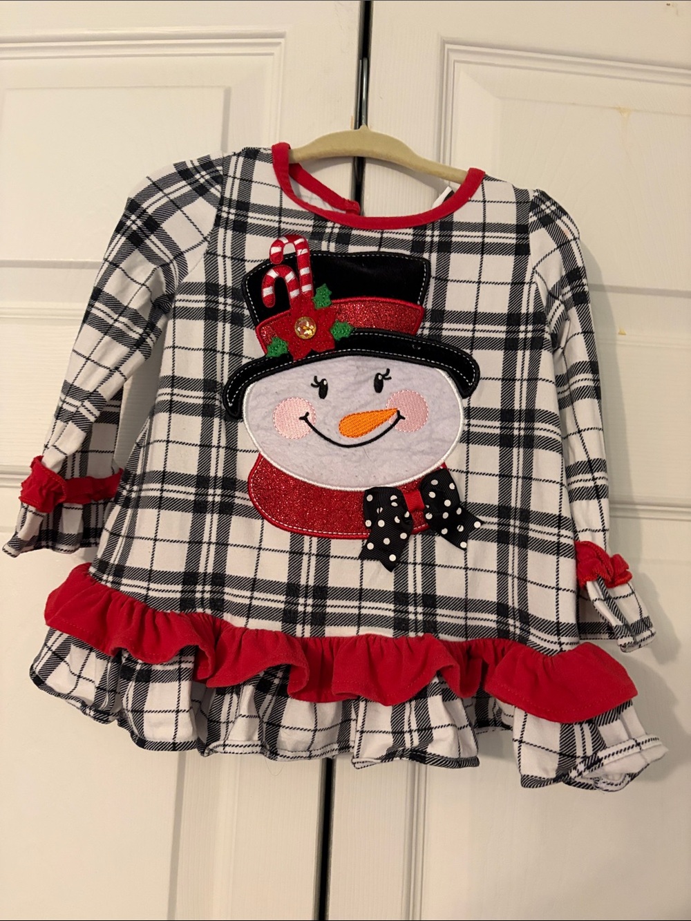 Christmas White Plaid Ruffle Snowman Top with Red Accents Emily Rose 18 Months